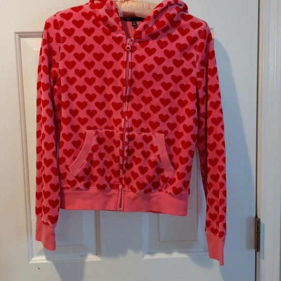 GapKids Vintage Y2K Heart Zip Up Hoodie Velour Girls XXL 14-16 Pink Red Full Zip - Picture 3 of 11